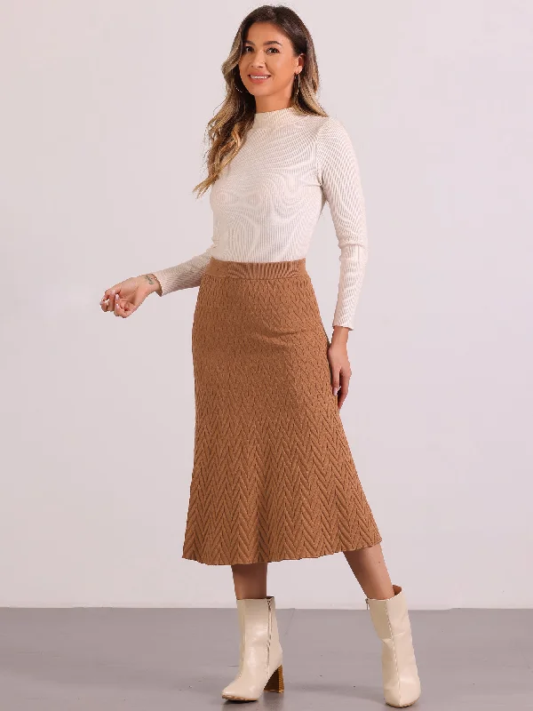 Stretchy Textured Knit Midi Fishtail Sweater Skirt Cashmere Blend Cotton Blend Poly Blend