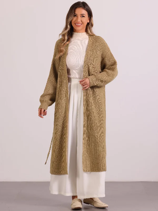 Open Front Long Sleeve Belted Knit Sweater Long Cardigan Chenille Blend Fleece Blend Nylon Blend