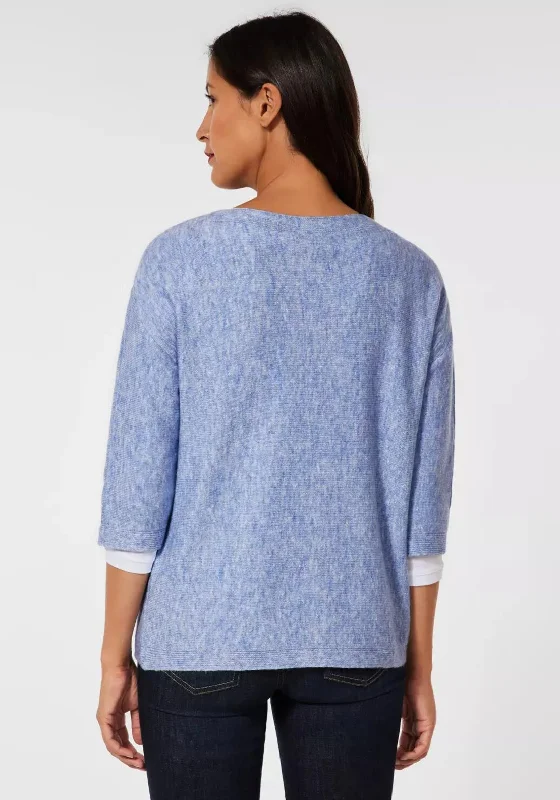 Street One Boat Neck Knit Sweater, Blue Melange Chenille Fabric Brocade Fabric Lace Fabric