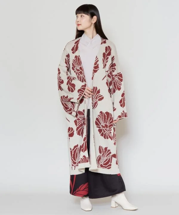 ATTAKEE - FUYUNUKUSHI - Knit Long Haori Cardigan Striped Floral Plaid