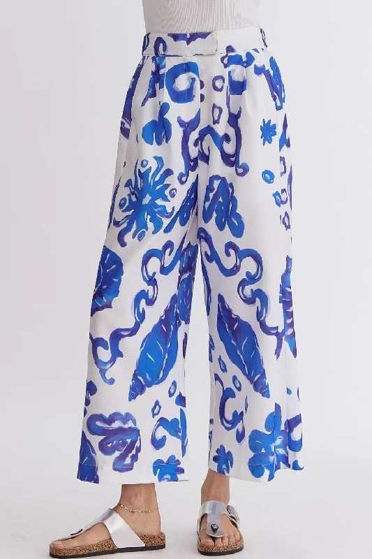 Tropical Print High-Wasited Wide Leg Pants Flared Stretch,