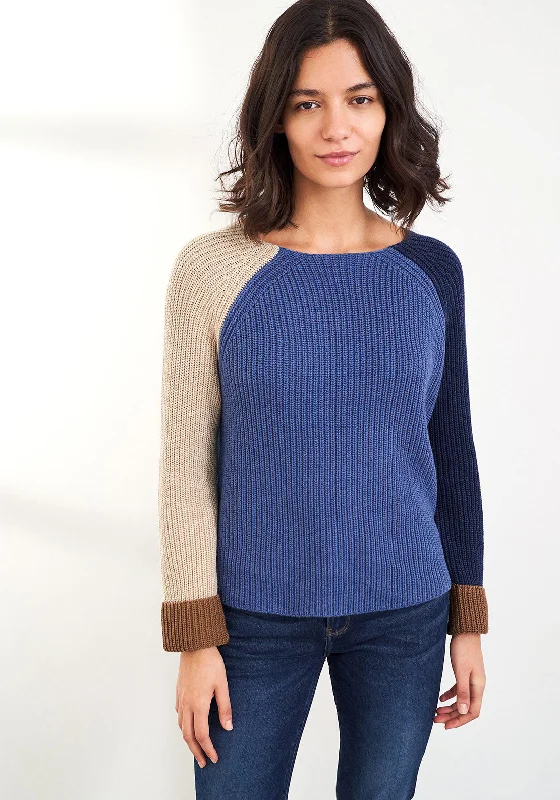 White Stuff Orla Colour Block Chunky Knit Jumper, Blue Toggled Drawstring Belted