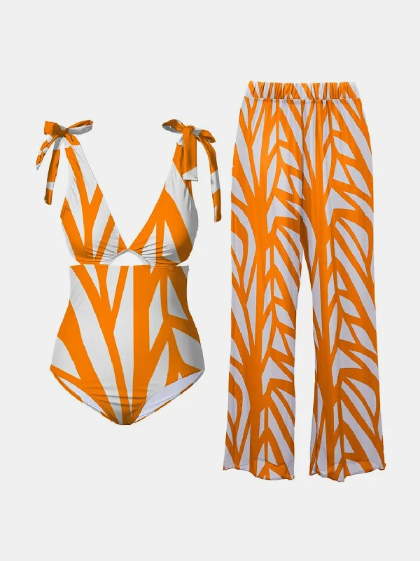 Hazel Blues® |  Printed Tie Shoulder Swimwear and Pants Swim Set Trendy Cotton,