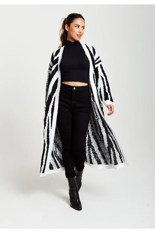 Liquorish Longline Cardigan In Black And White Zebra Pattern Crew Neck V-Neck Turtle Neck