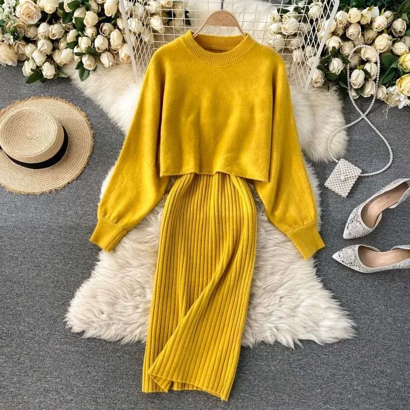 Women's Long Sleeved Jumper and Sleeveless V-neck Dress Two-piece Outfit Set Iron Safe Non-Iron Wrinkle Free