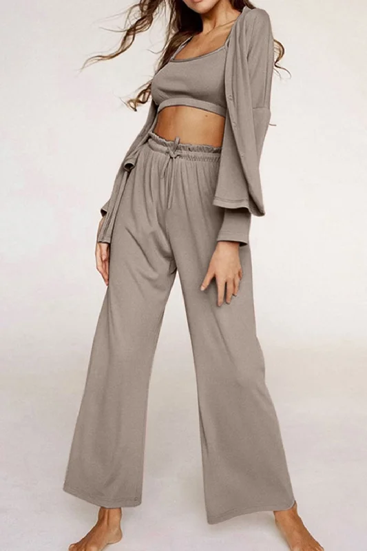 Hazel Blues® |  Spaghetti Strap Bra, Open Front Cardigan and Drawstring Pants Set Spandex Blend Rayon Blend Denim Blend