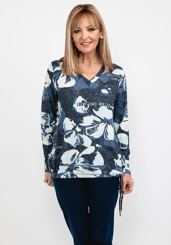 Cecil Floral Tie Hem Sweater, Deep Blue Collared Crew Neck Turtle Neck