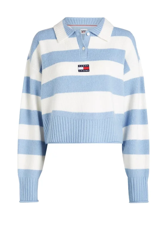 Tommy Jeans Womens Stripe Polo Sweater, Pearly Blue Zippered Buttoned Snapped