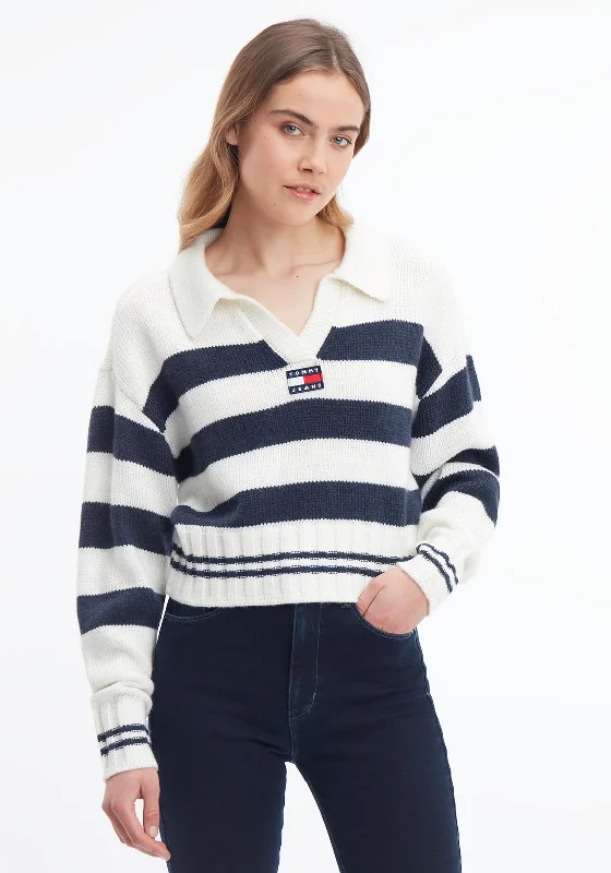 Tommy Jeans Boxy Crop Stripe Polo Jumper, Twilight Navy Cotton Fabric Linen Fabric Terry Fabric