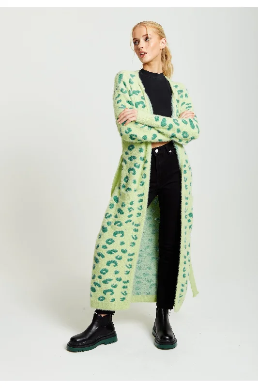 Liquorish Liquorish Fluffy Longline Cardigan In Green Animal Print Jersey Fabric Tulle Fabric Batik Fabric