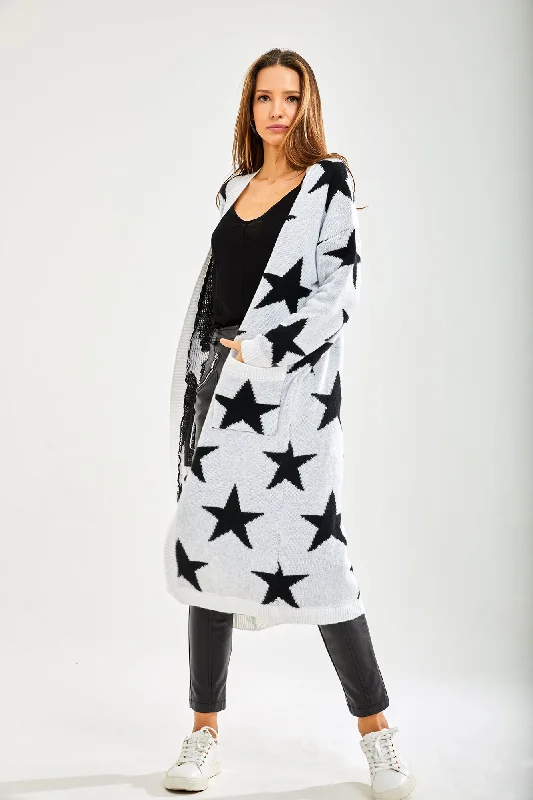 Liquorish Star Pattern Long Cardigan In White Hooded Cardigan Collared Cardigan Shawl Collar