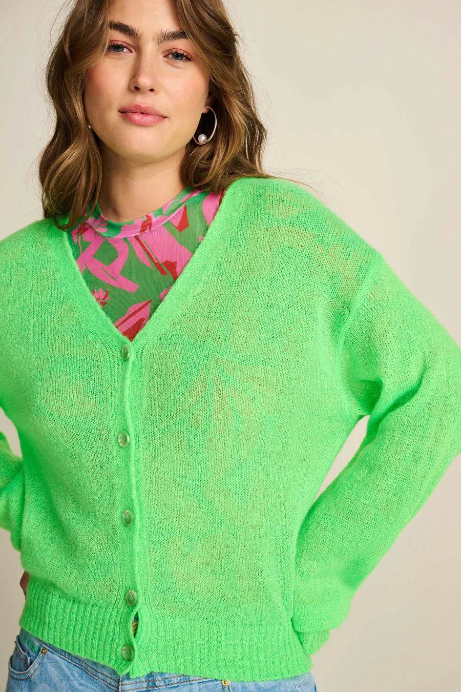 Neon Cardigan Solid Color Striped Floral Print