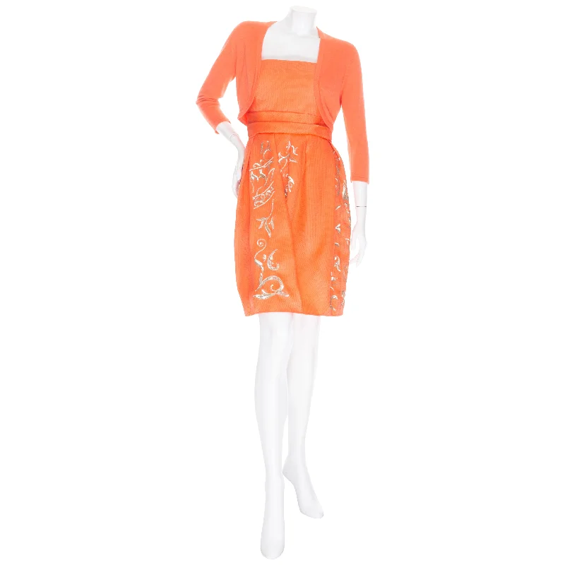 2014 Orange Silk Gold Sequin Dress and Cashmere Bolero Cardigan Set Fleece Cardigan Nylon Polyester