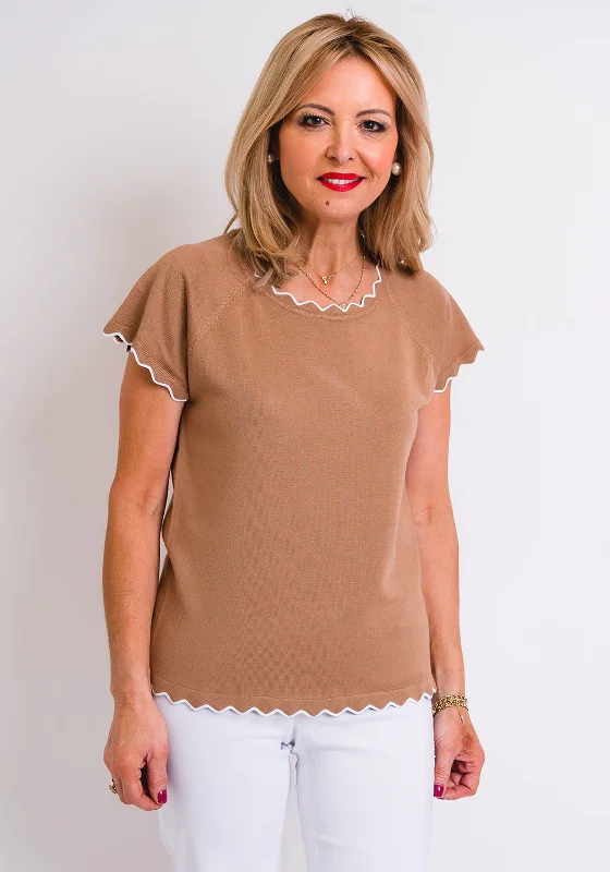 Leon Collection Scallop Trim Short Sleeve Jumper, Brown Chenille Blend Fleece Blend Nylon Blend