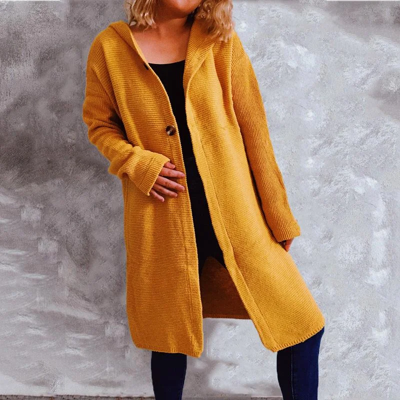 Autumn and winter solid color long sleeve hooded knitted cardigan Ribbed Striped Patterned