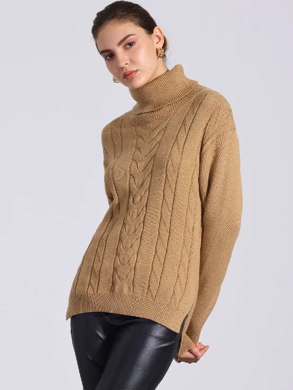 Cable Knit High Low Split Long Sleeve Turtle Neck Jumpers Sweaters Open Front Closed Front Wrap Front