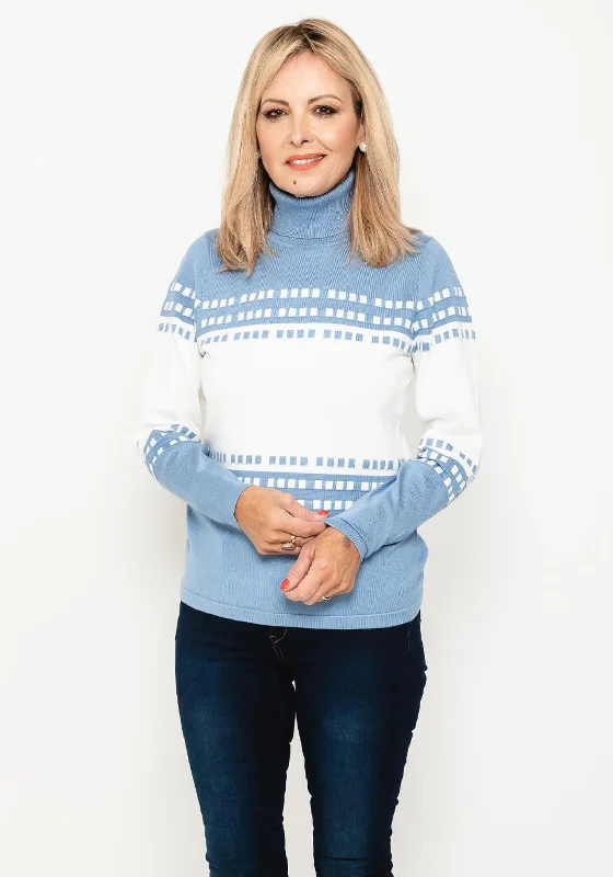 Micha Block Check Knit Sweater, Dusty Blue & White High Neck Crew Neck V-Neck