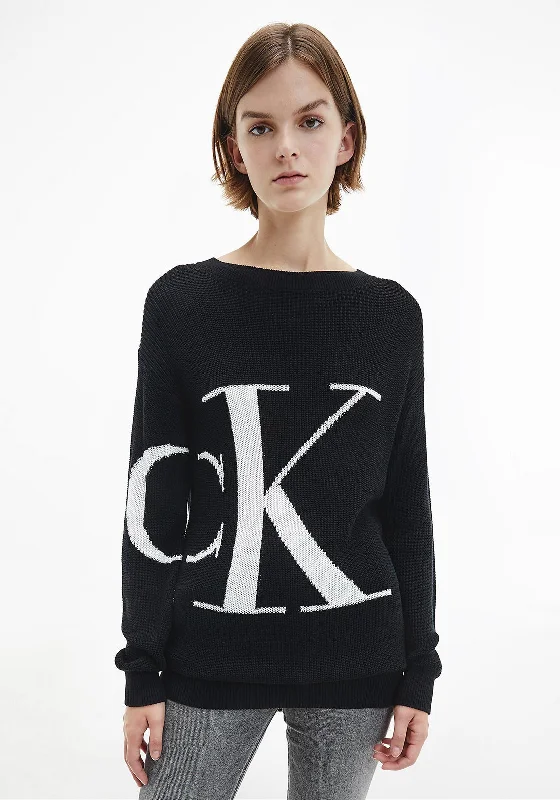 Calvin Klein Knitted Cotton Logo Jumper, Black Transparent Opaque Sheer