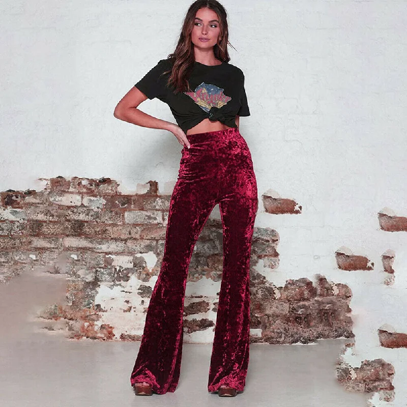 Vintage Velvet Long Flare Pants Women Korean Streetwear Sexy High Waist Trousers Lady Casual Velour Red Black Bell Bottom Pants Trousers Lace Delicate