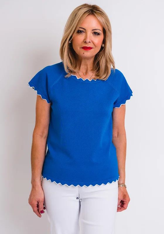 Leon Collection Scallop Trim Short Sleeve Jumper, Blue Terry Blend Velvet Blend Canvas Blend