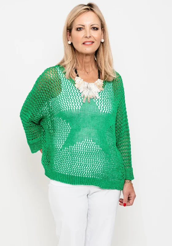 Seventy1 One Size Crochet Star Knit Jumper, Green Fitted Slim Tailored