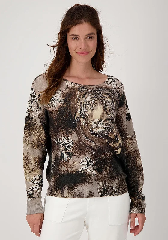 Monari Rhinestone Tiger Sweater, Brown Boat Neck Shawl Collar Notched Collar