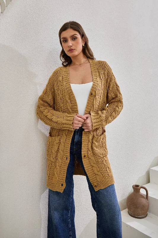 Dawn Mocha Longline Cable Knit Cardigan Mesh Fabric Canvas Fabric Denim Fabric