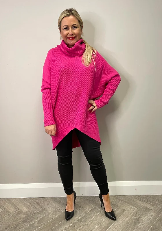 Seventy1 One Size Ribbed Long Jumper, Fuchsia High Neck Crew Neck V-Neck