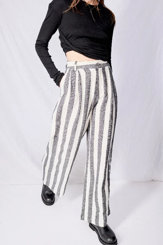 Black and White Linen Wide Leg Trousers Cropped Trousers Casual Linen