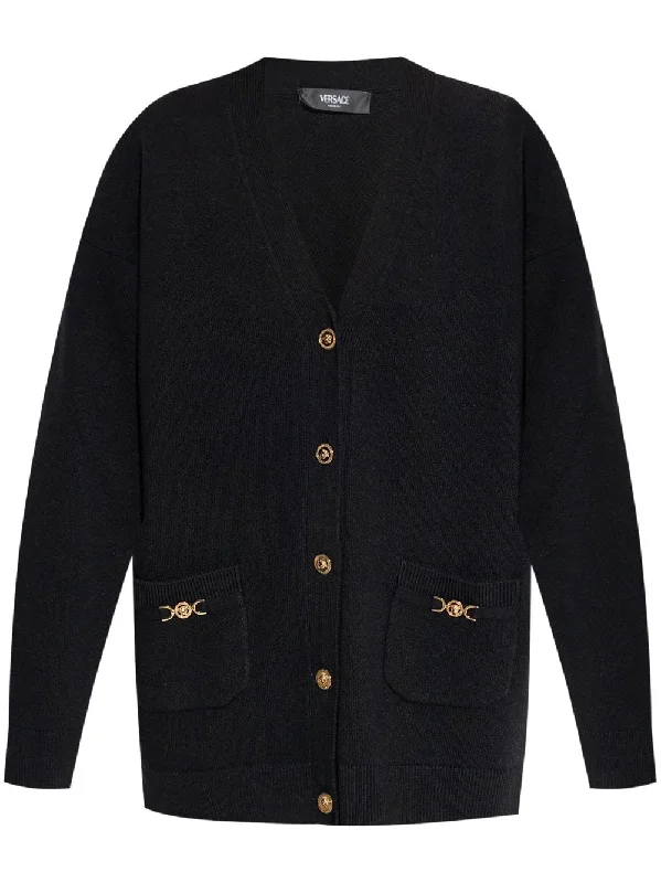 Versace Black Medusa Cashmere Cardigan Cable Knit Ribbed Knit Lace Knit