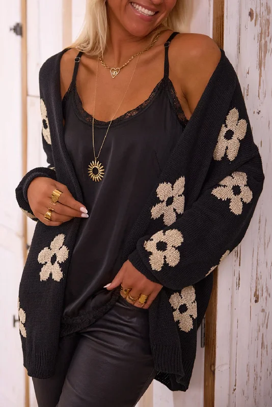 Blue Zone Planet |  Black Floral Print Knitted Open Front Loose Cardigan Soft Cozy Warm