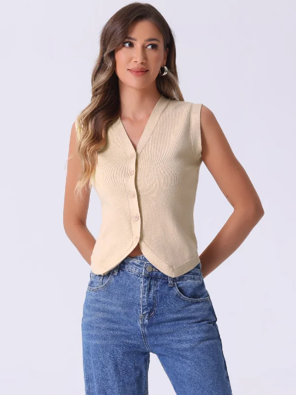 Sleeveless Button Up Casual Knitted Cropped Sweater Vest Mesh Blend Leather Blend Suede Blend