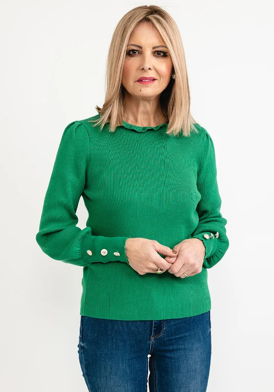 Seventy1 One Size Frill Neck Knit Jumper, Emerald Green Zippered Front Buttoned Front Snap Front